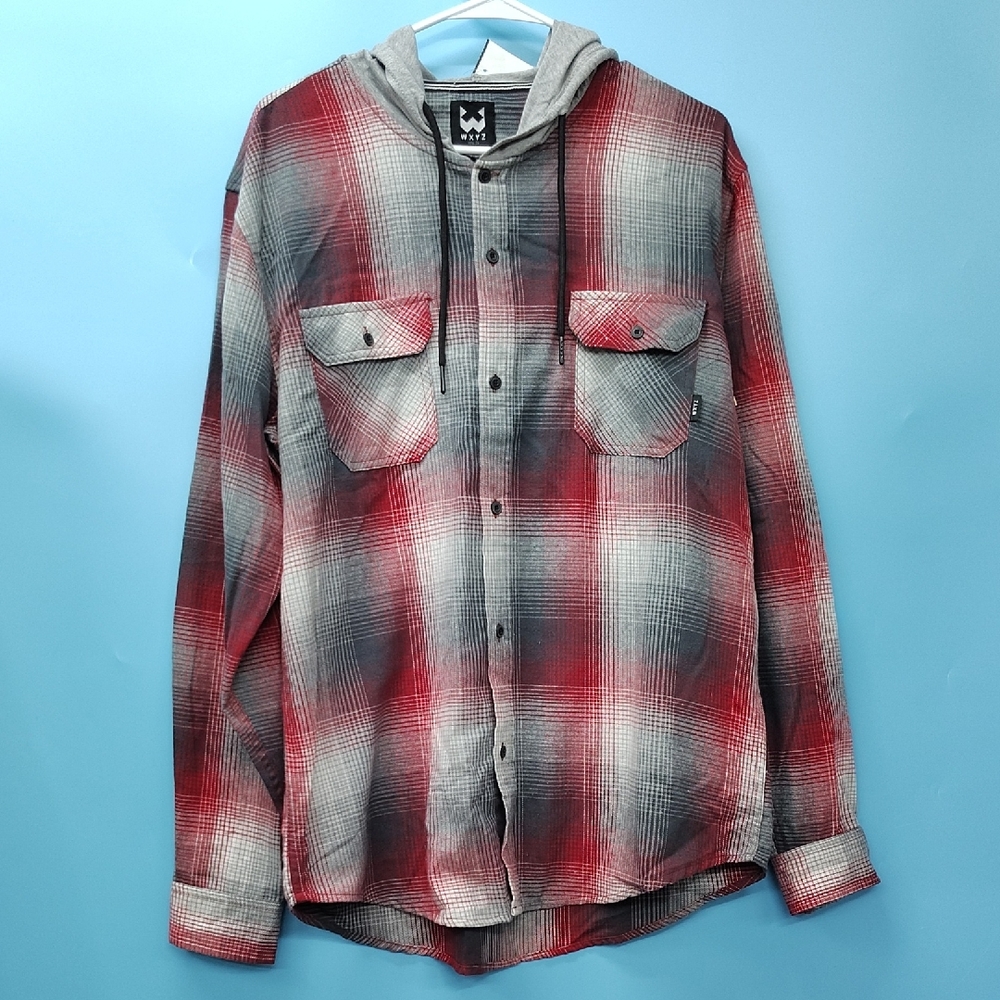 Plaid Hooded Flannel Shirt Jacket - Red/Gray